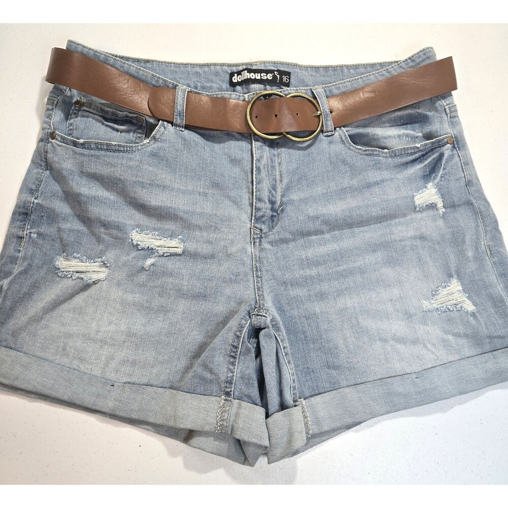 NWOT Dollhouse Dylan Jean Shorts Women's Size 16 Cuffed Distressed Blue Belted